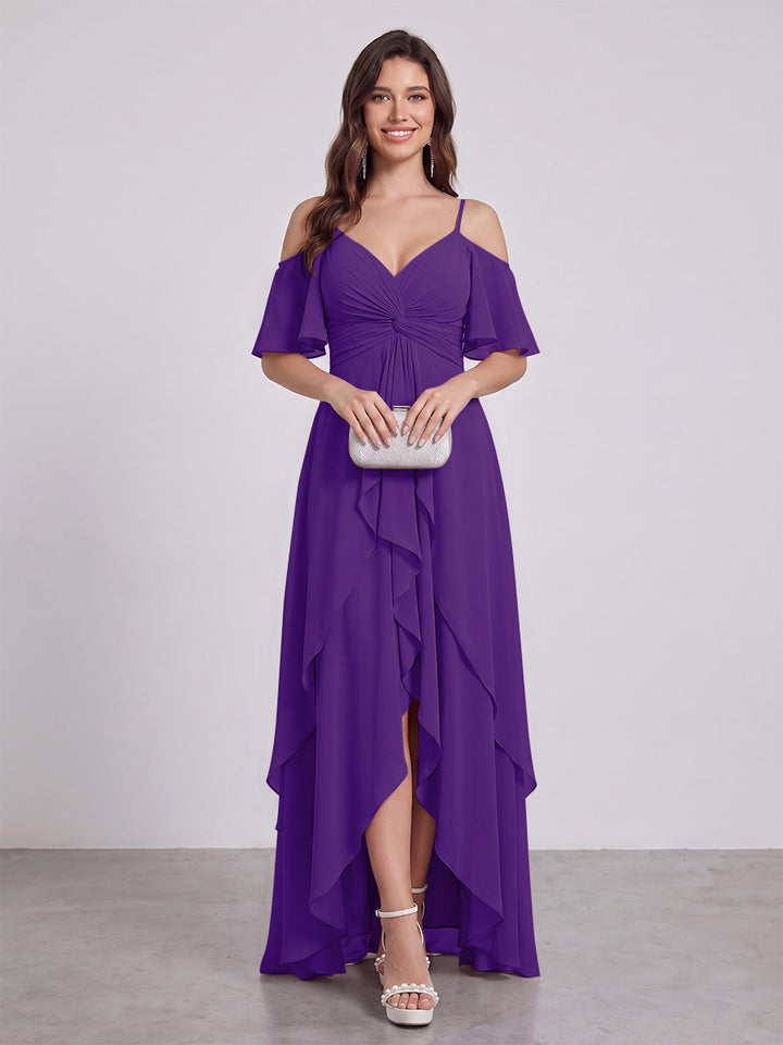 A-Line/Princess Spaghetti Straps Half Sleeves V-Neck Bridesmaid Dresses With Ruffles