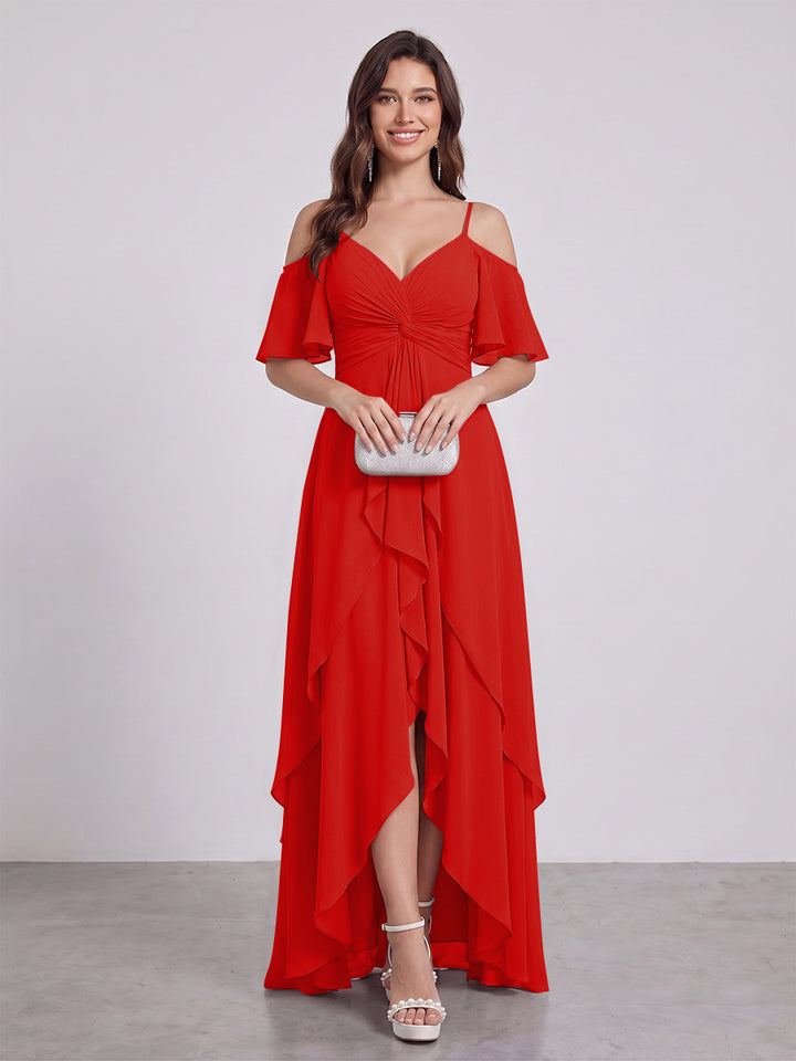 A-Line/Princess Spaghetti Straps Half Sleeves V-Neck Bridesmaid Dresses With Ruffles