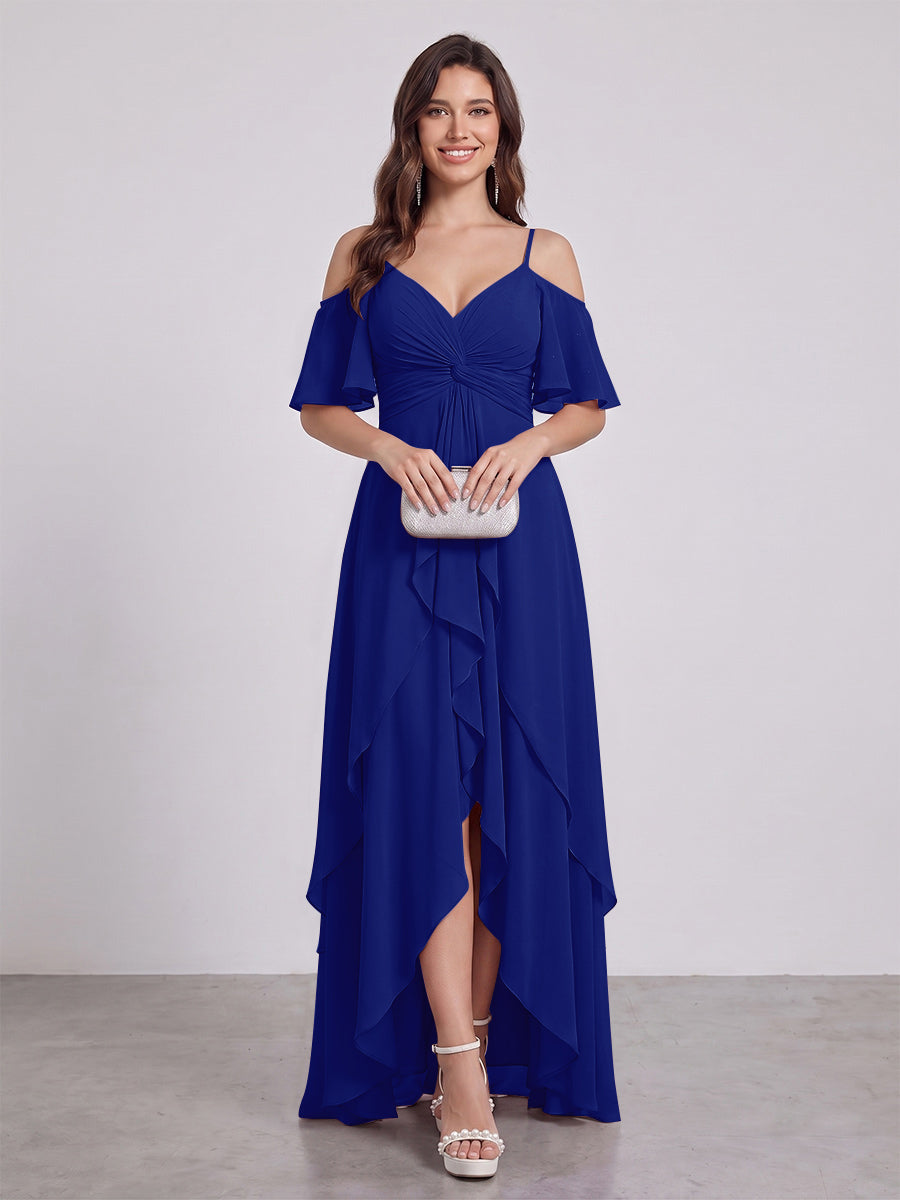 A-Line/Princess Spaghetti Straps Half Sleeves V-Neck Bridesmaid Dresses With Ruffles