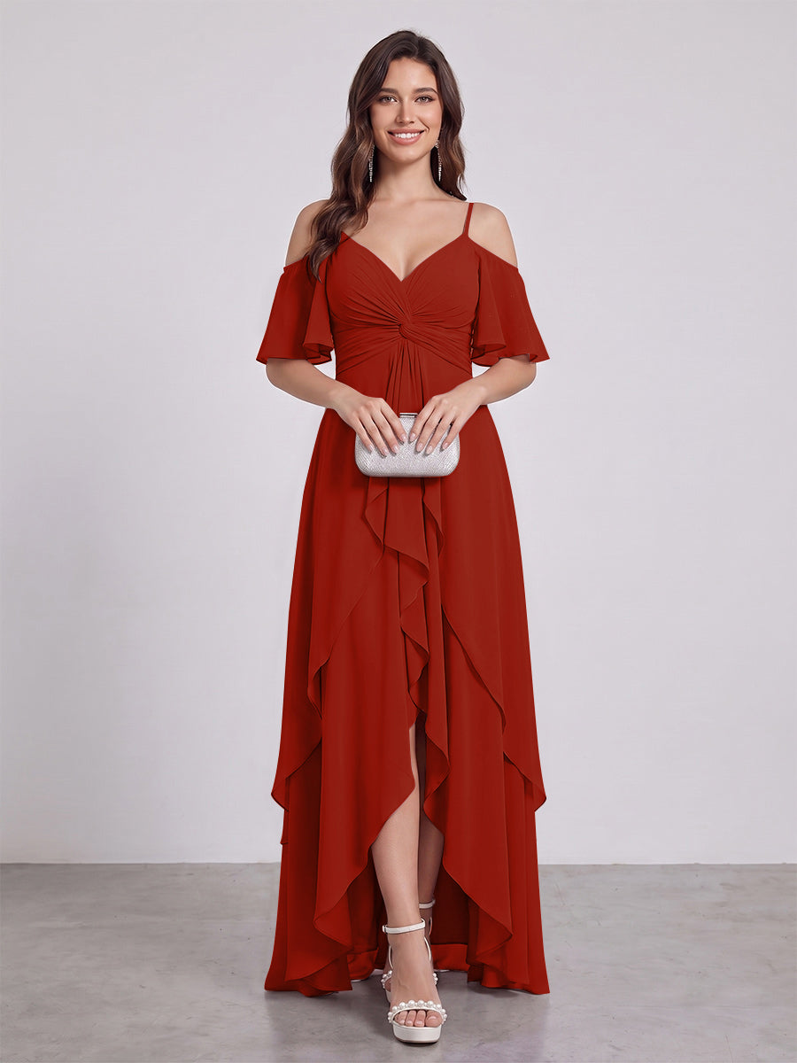 A-Line/Princess Spaghetti Straps Half Sleeves V-Neck Bridesmaid Dresses With Ruffles