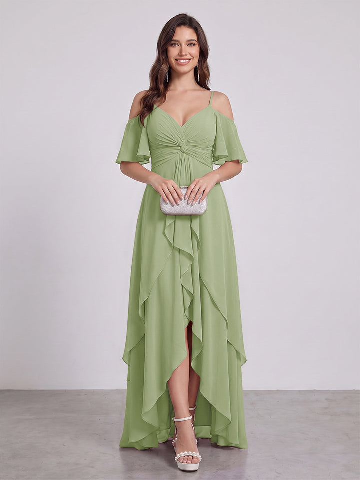 A-Line/Princess Spaghetti Straps Half Sleeves V-Neck Bridesmaid Dresses With Ruffles