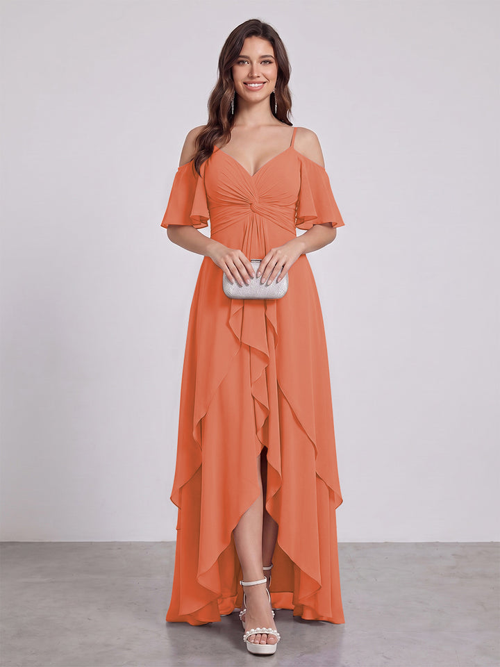 A-Line/Princess Spaghetti Straps Half Sleeves V-Neck Bridesmaid Dresses With Ruffles