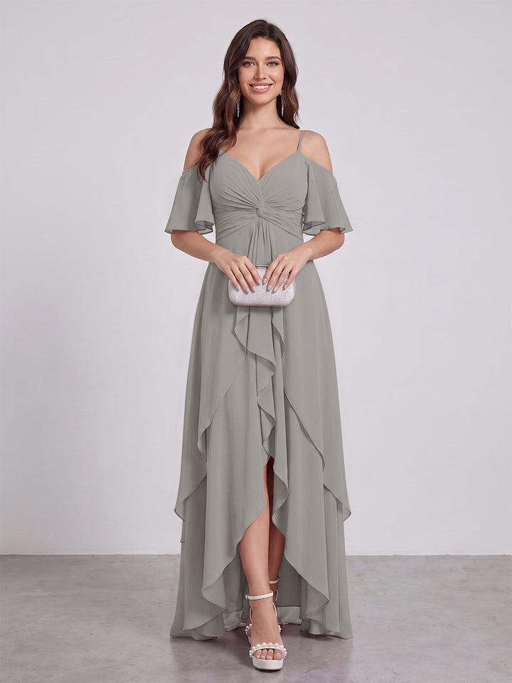 A-Line/Princess Spaghetti Straps Half Sleeves V-Neck Bridesmaid Dresses With Ruffles