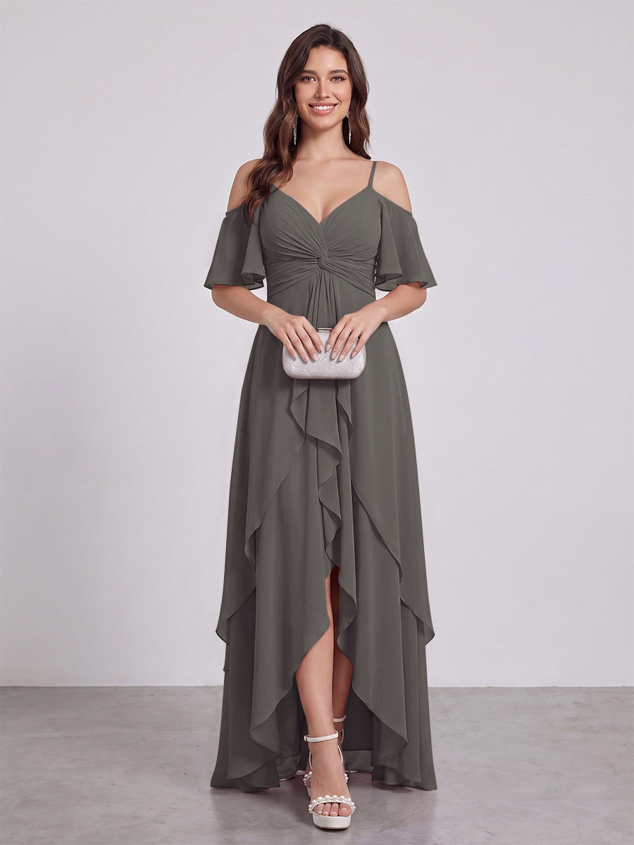 A-Line/Princess Spaghetti Straps Half Sleeves V-Neck Bridesmaid Dresses With Ruffles