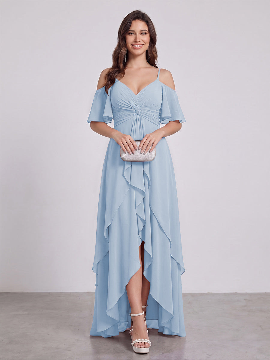 A-Line/Princess Spaghetti Straps Half Sleeves V-Neck Bridesmaid Dresses With Ruffles