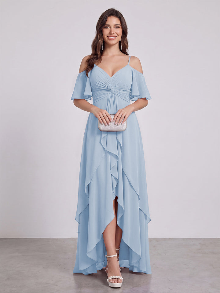 A-Line/Princess Spaghetti Straps Half Sleeves V-Neck Bridesmaid Dresses With Ruffles
