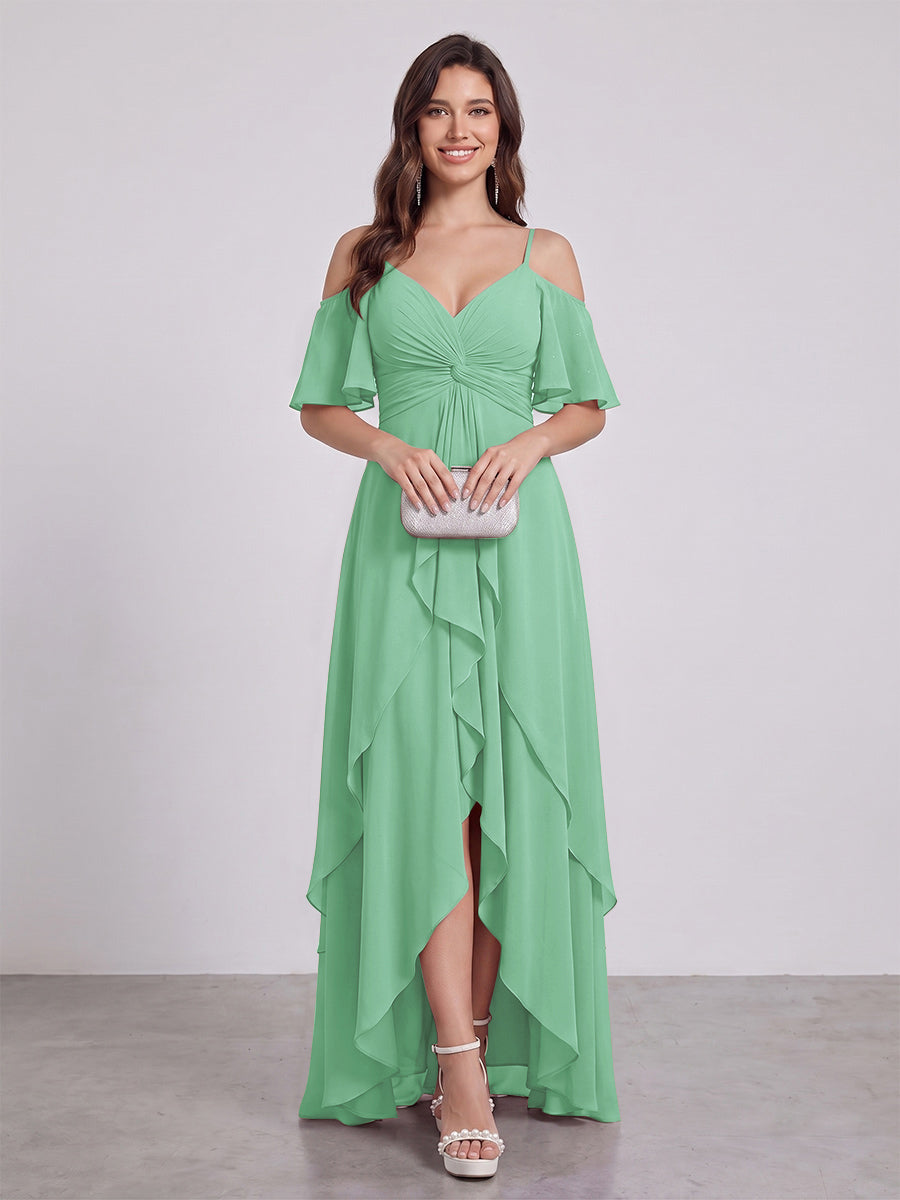 A-Line/Princess Spaghetti Straps Half Sleeves V-Neck Bridesmaid Dresses With Ruffles