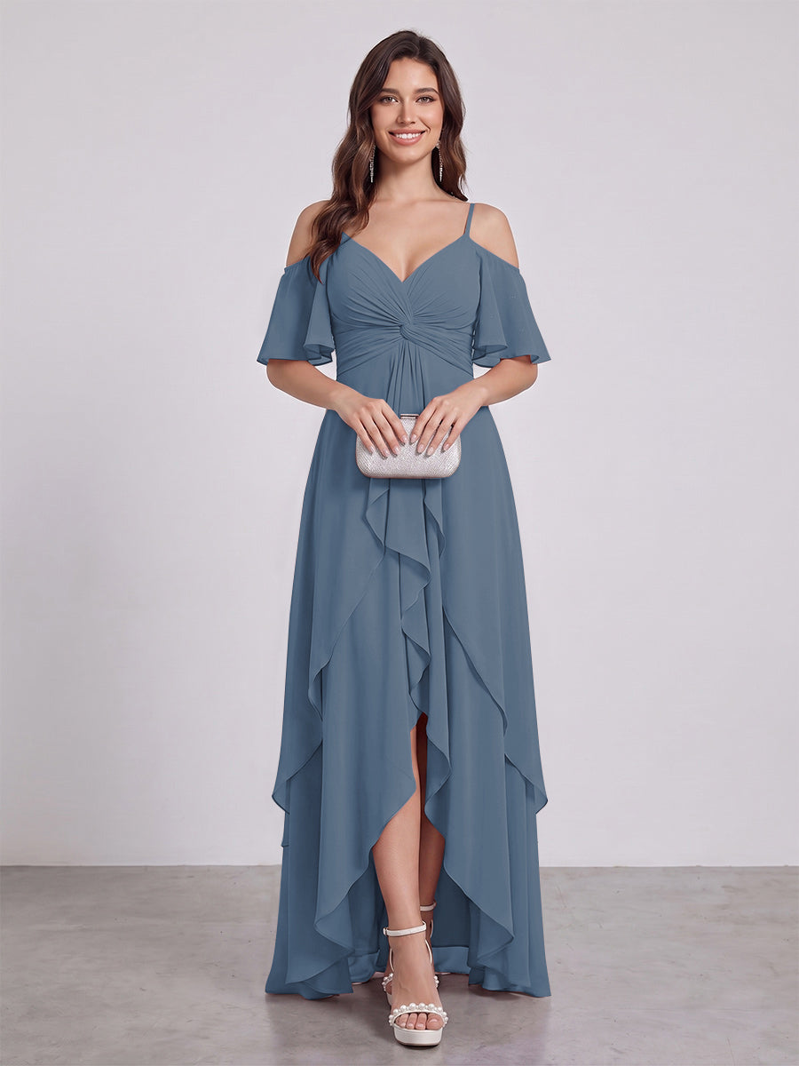 A-Line/Princess Spaghetti Straps Half Sleeves V-Neck Bridesmaid Dresses With Ruffles