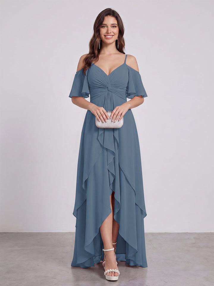 A-Line/Princess Spaghetti Straps Half Sleeves V-Neck Bridesmaid Dresses With Ruffles