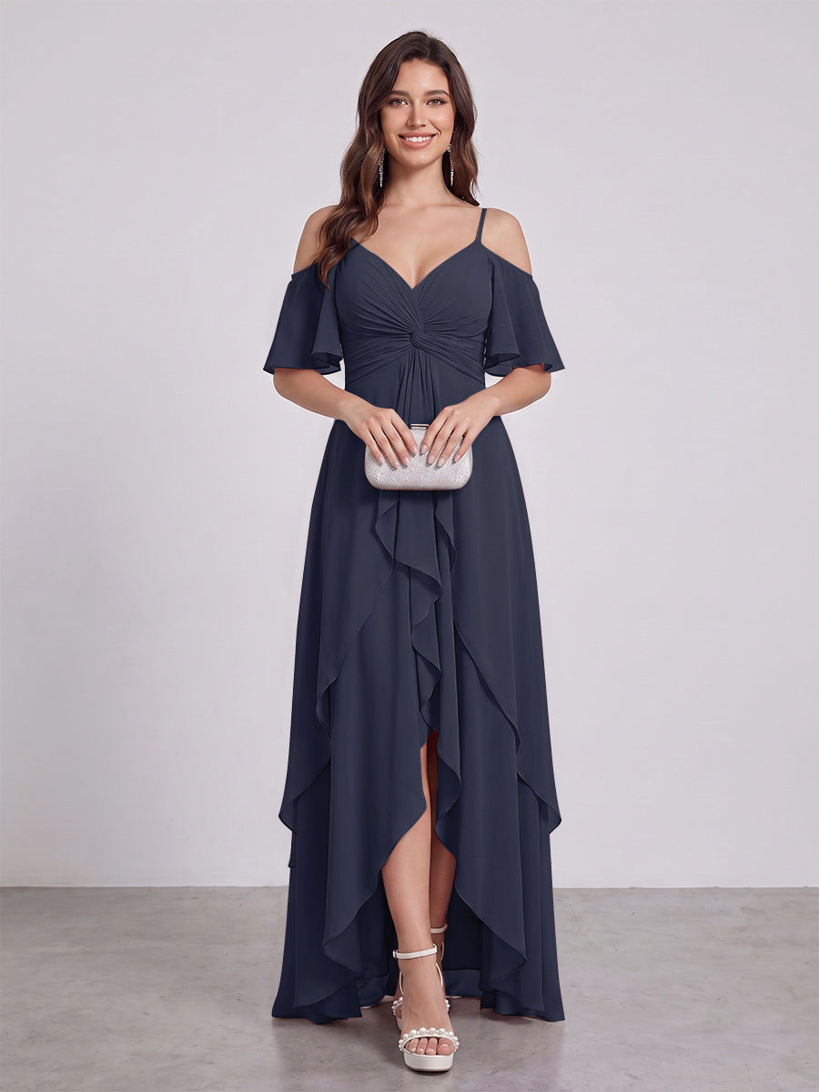 A-Line/Princess Spaghetti Straps Half Sleeves V-Neck Bridesmaid Dresses With Ruffles