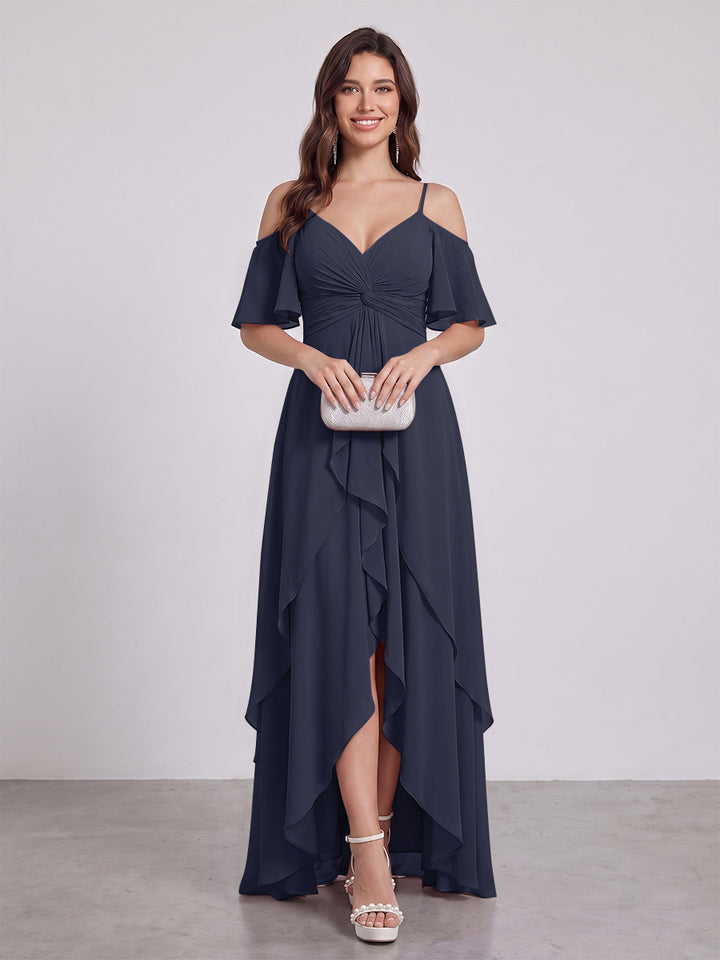 A-Line/Princess Spaghetti Straps Half Sleeves V-Neck Bridesmaid Dresses With Ruffles