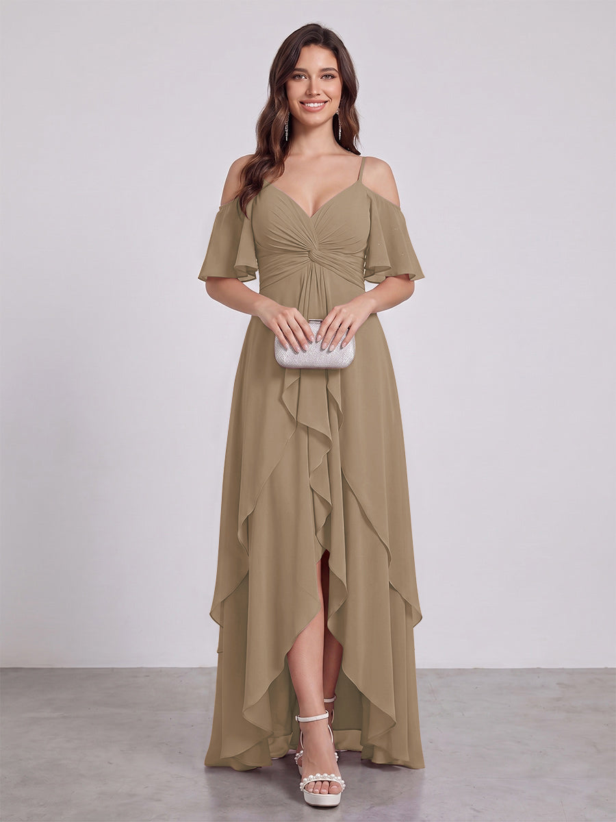 A-Line/Princess Spaghetti Straps Half Sleeves V-Neck Bridesmaid Dresses With Ruffles