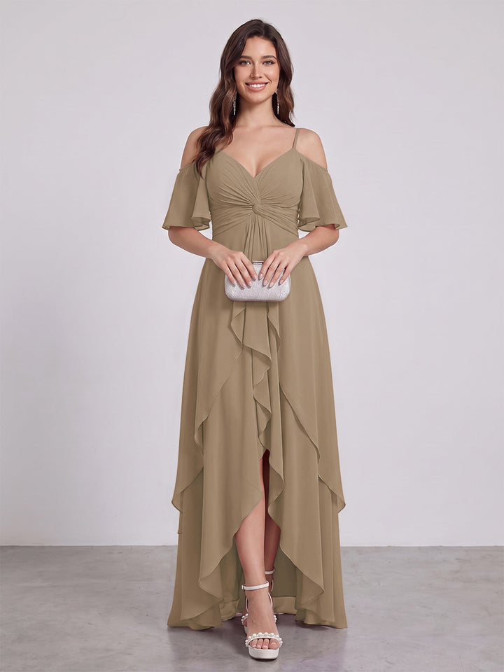 A-Line/Princess Spaghetti Straps Half Sleeves V-Neck Bridesmaid Dresses With Ruffles