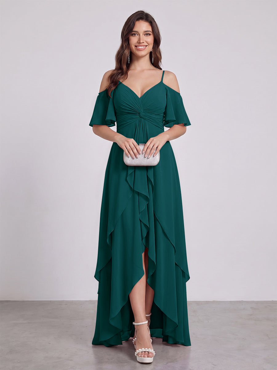 A-Line/Princess Spaghetti Straps Half Sleeves V-Neck Bridesmaid Dresses With Ruffles