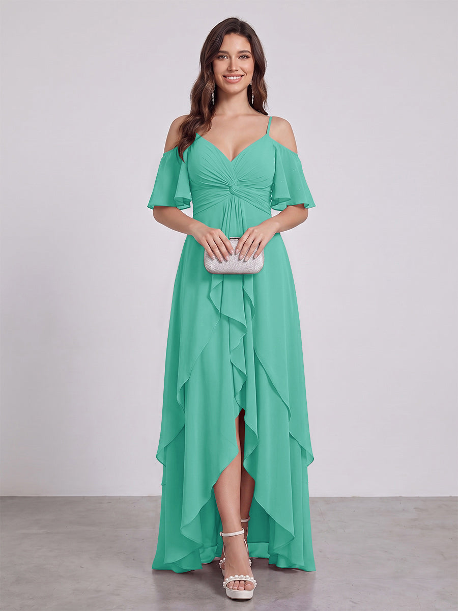 A-Line/Princess Spaghetti Straps Half Sleeves V-Neck Bridesmaid Dresses With Ruffles
