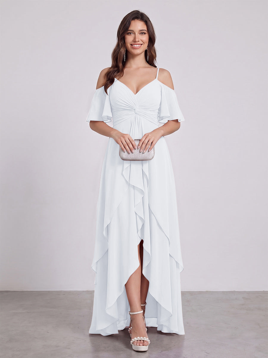 A-Line/Princess Spaghetti Straps Half Sleeves V-Neck Bridesmaid Dresses With Ruffles