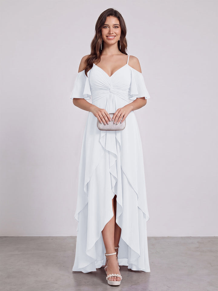 A-Line/Princess Spaghetti Straps Half Sleeves V-Neck Bridesmaid Dresses With Ruffles