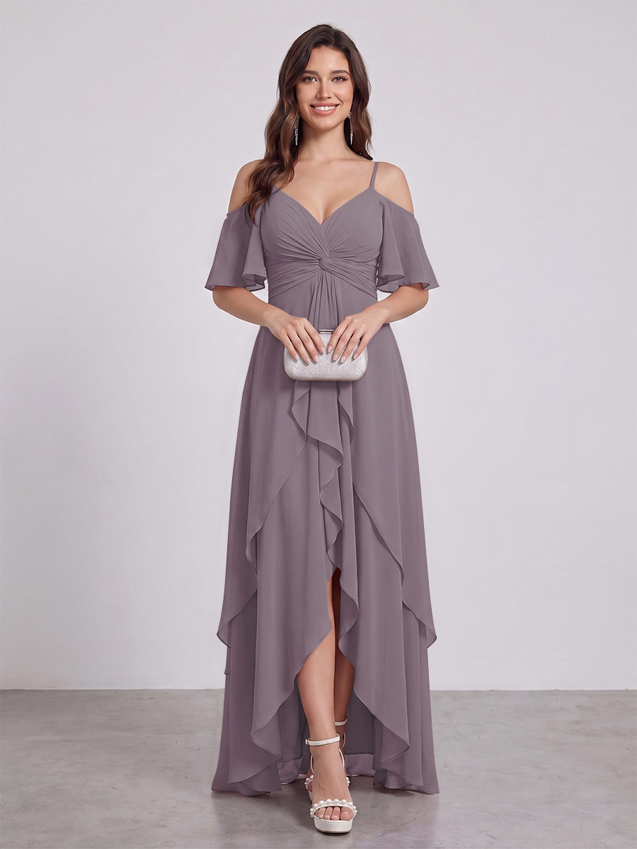 A-Line/Princess Spaghetti Straps Half Sleeves V-Neck Bridesmaid Dresses With Ruffles