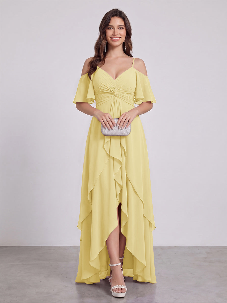 A-Line/Princess Spaghetti Straps Half Sleeves V-Neck Bridesmaid Dresses With Ruffles
