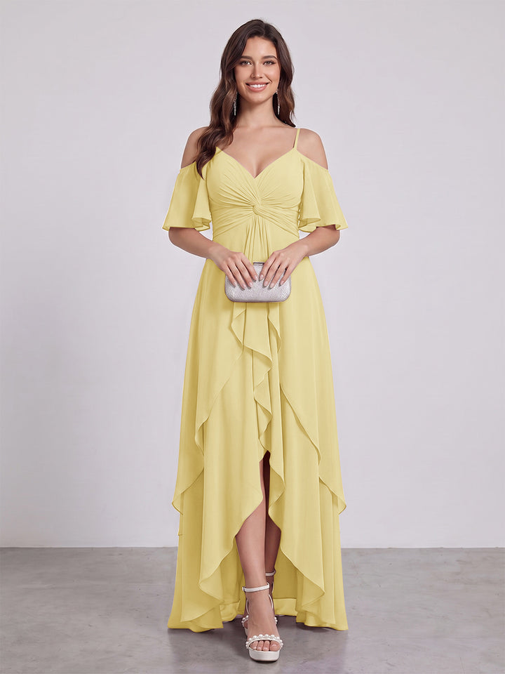 A-Line/Princess Spaghetti Straps Half Sleeves V-Neck Bridesmaid Dresses With Ruffles