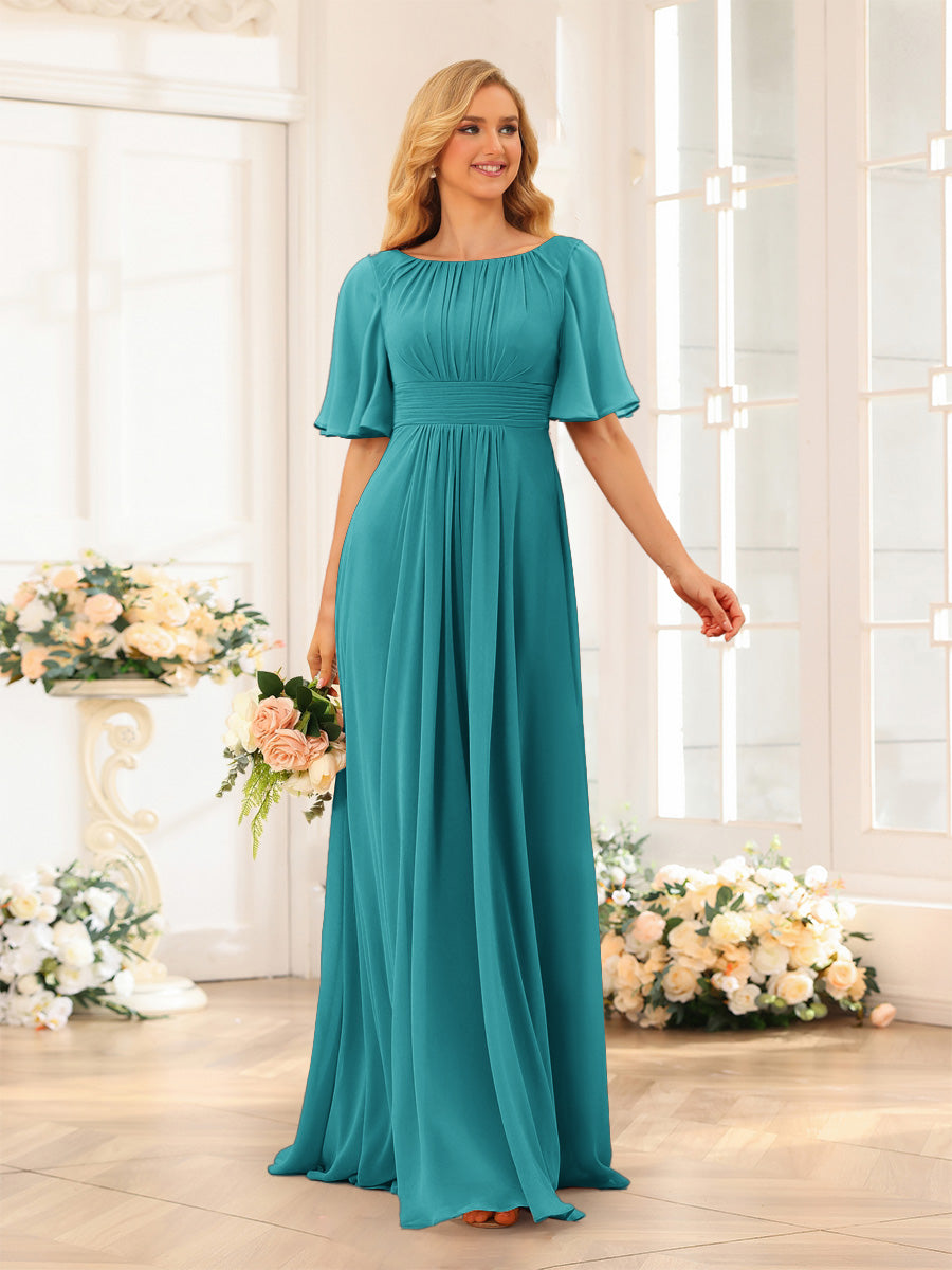 A-Line/Princess Floor-Length Short Sleeves Bridesmaid Dresses with Sash