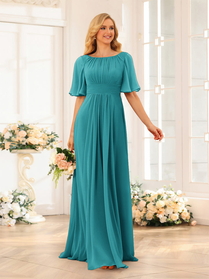 A-Line/Princess Floor-Length Short Sleeves Bridesmaid Dresses with Sash