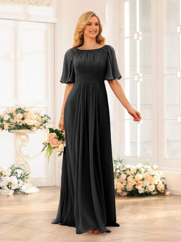 A-Line/Princess Floor-Length Short Sleeves Bridesmaid Dresses with Sash