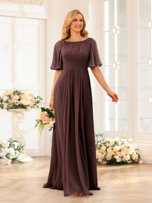 A-Line/Princess Floor-Length Short Sleeves Bridesmaid Dresses with Sash