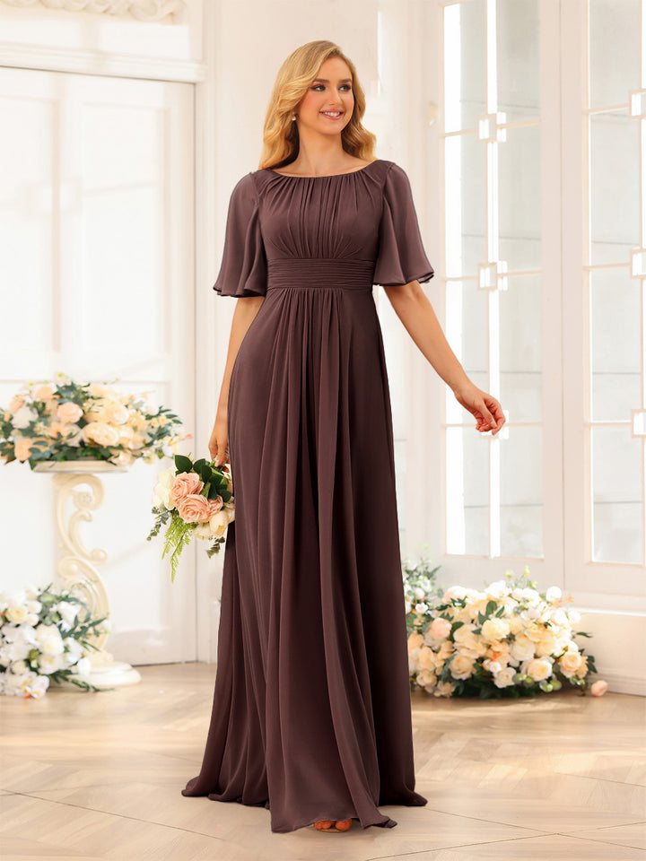 A-Line/Princess Floor-Length Short Sleeves Bridesmaid Dresses with Sash