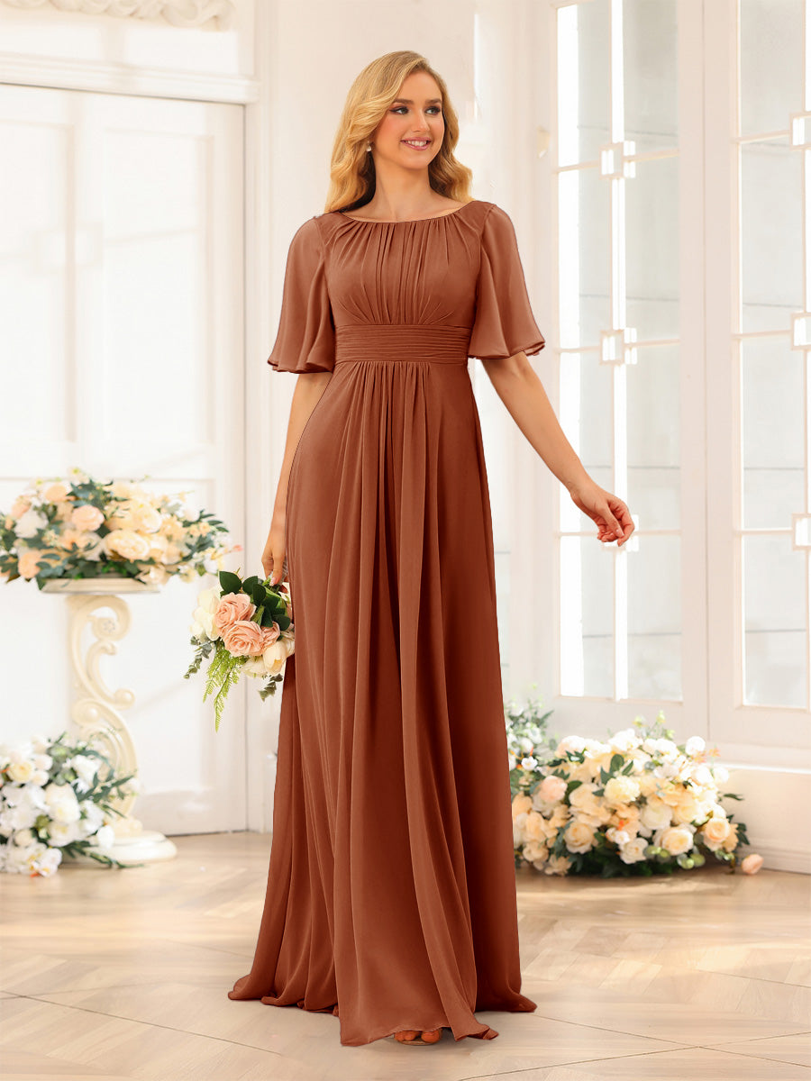 A-Line/Princess Floor-Length Short Sleeves Bridesmaid Dresses with Sash