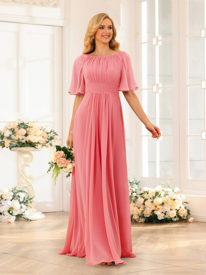 A-Line/Princess Floor-Length Short Sleeves Bridesmaid Dresses with Sash