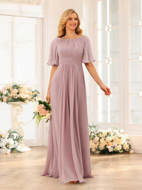 A-Line/Princess Floor-Length Short Sleeves Bridesmaid Dresses with Sash