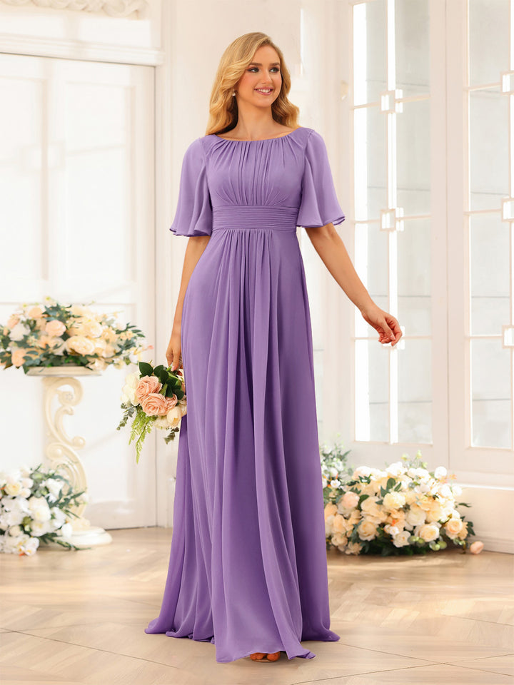 A-Line/Princess Floor-Length Short Sleeves Bridesmaid Dresses with Sash
