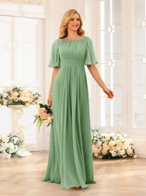 A-Line/Princess Floor-Length Short Sleeves Bridesmaid Dresses with Sash