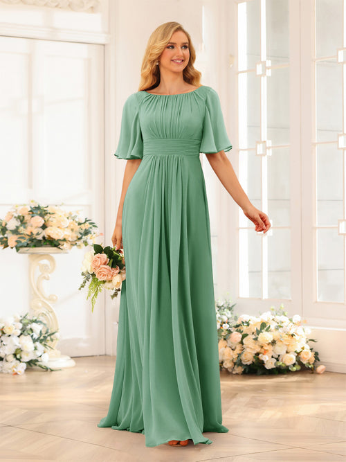 A-Line/Princess Floor-Length Short Sleeves Bridesmaid Dresses with Sash