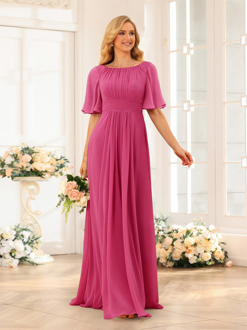A-Line/Princess Floor-Length Short Sleeves Bridesmaid Dresses with Sash