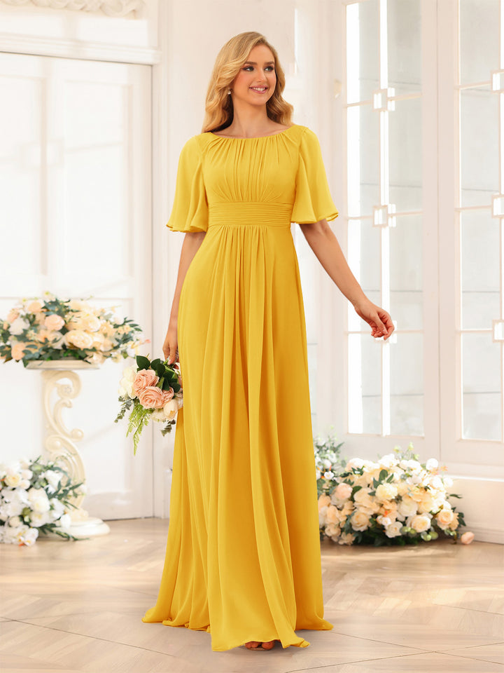 A-Line/Princess Floor-Length Short Sleeves Bridesmaid Dresses with Sash