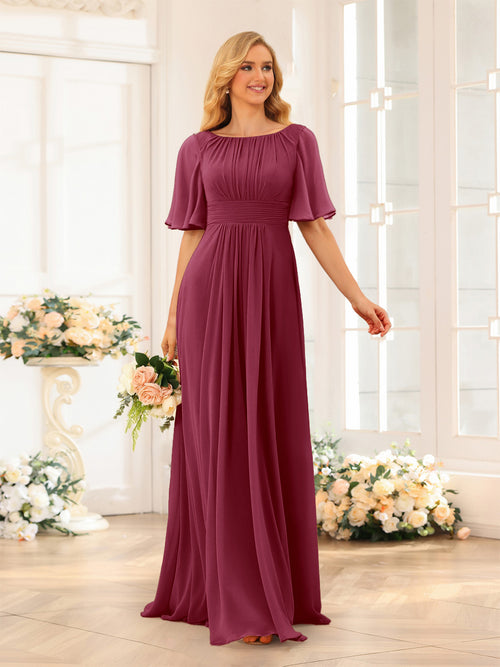 A-Line/Princess Floor-Length Short Sleeves Bridesmaid Dresses with Sash