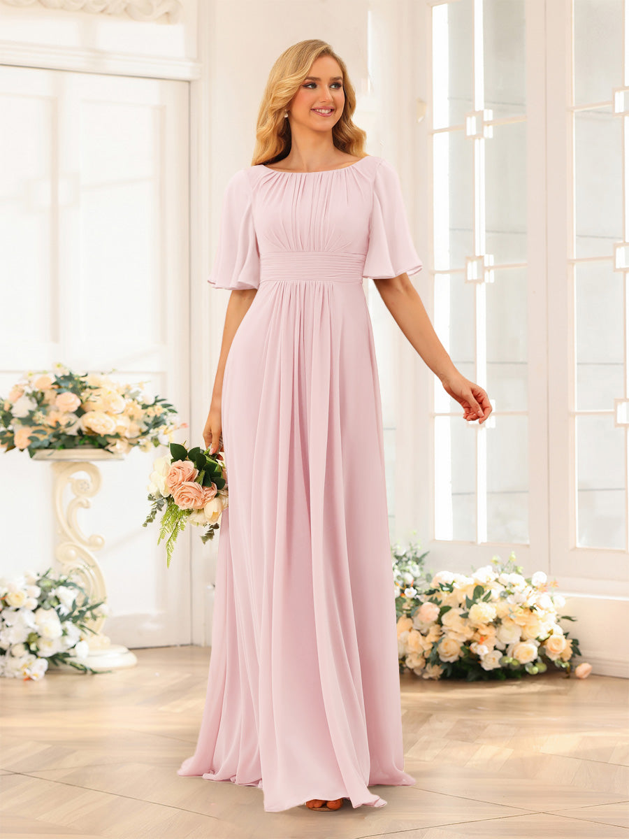 A-Line/Princess Floor-Length Short Sleeves Bridesmaid Dresses with Sash