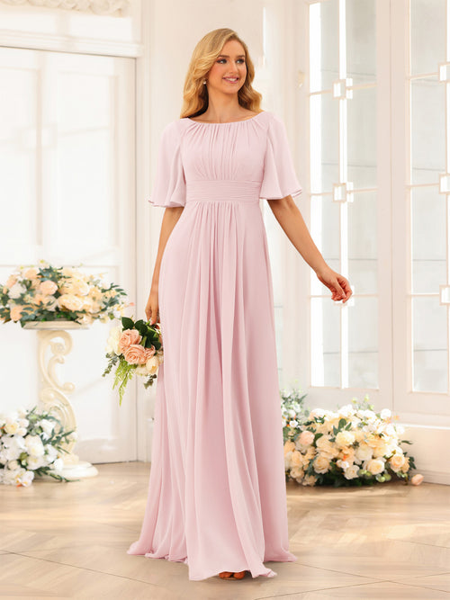 A-Line/Princess Floor-Length Short Sleeves Bridesmaid Dresses with Sash