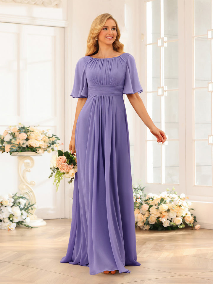 A-Line/Princess Floor-Length Short Sleeves Bridesmaid Dresses with Sash