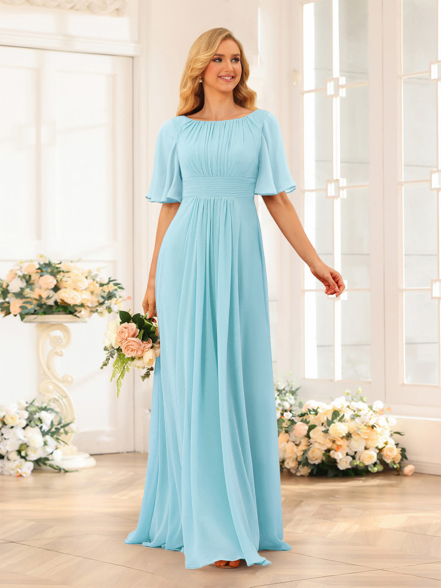 A-Line/Princess Floor-Length Short Sleeves Bridesmaid Dresses with Sash