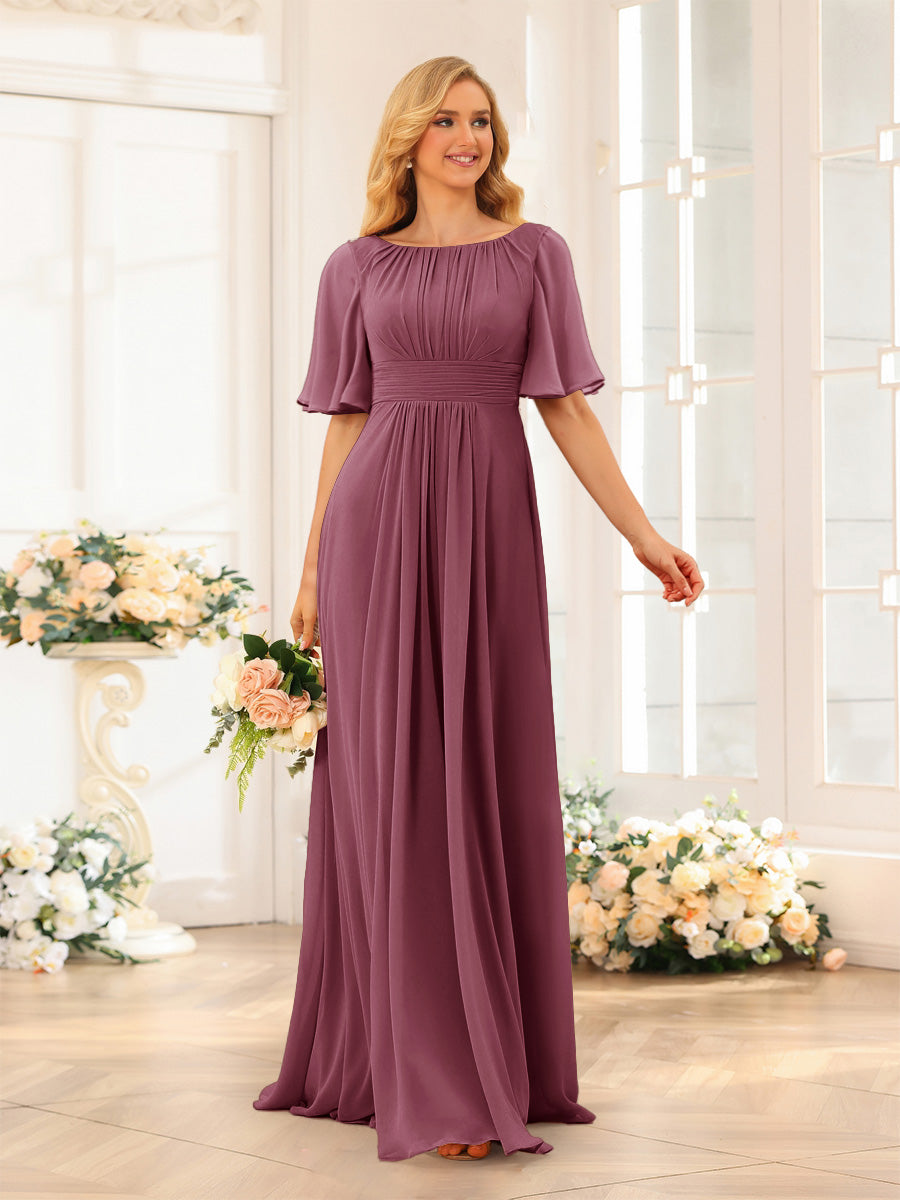 A-Line/Princess Floor-Length Short Sleeves Bridesmaid Dresses with Sash