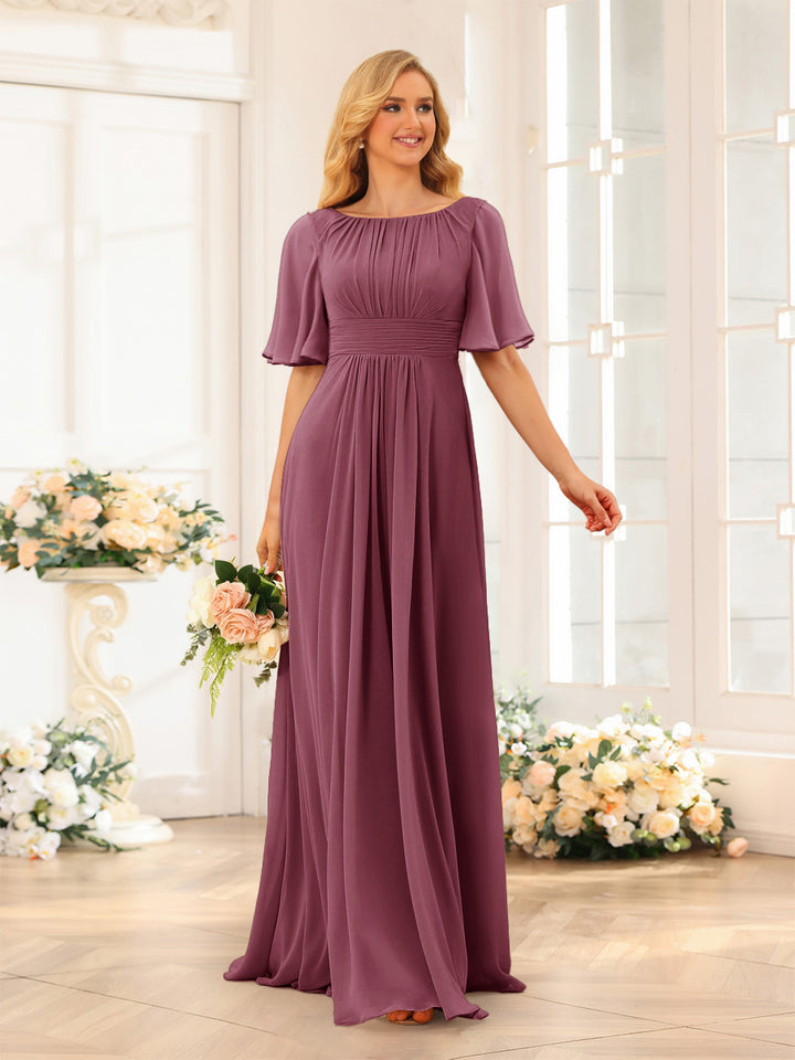 A-Line/Princess Floor-Length Short Sleeves Bridesmaid Dresses with Sash