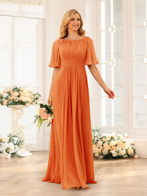 A-Line/Princess Floor-Length Short Sleeves Bridesmaid Dresses with Sash