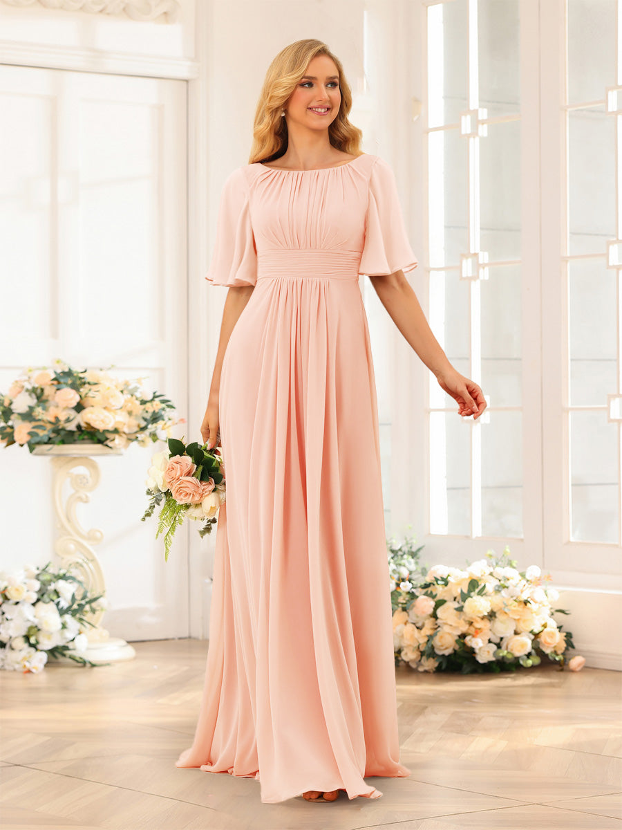 A-Line/Princess Floor-Length Short Sleeves Bridesmaid Dresses with Sash