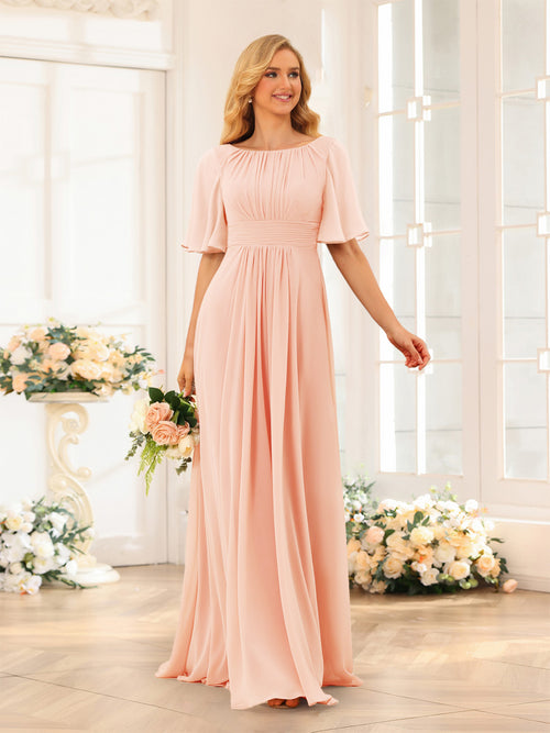 A-Line/Princess Floor-Length Short Sleeves Bridesmaid Dresses with Sash