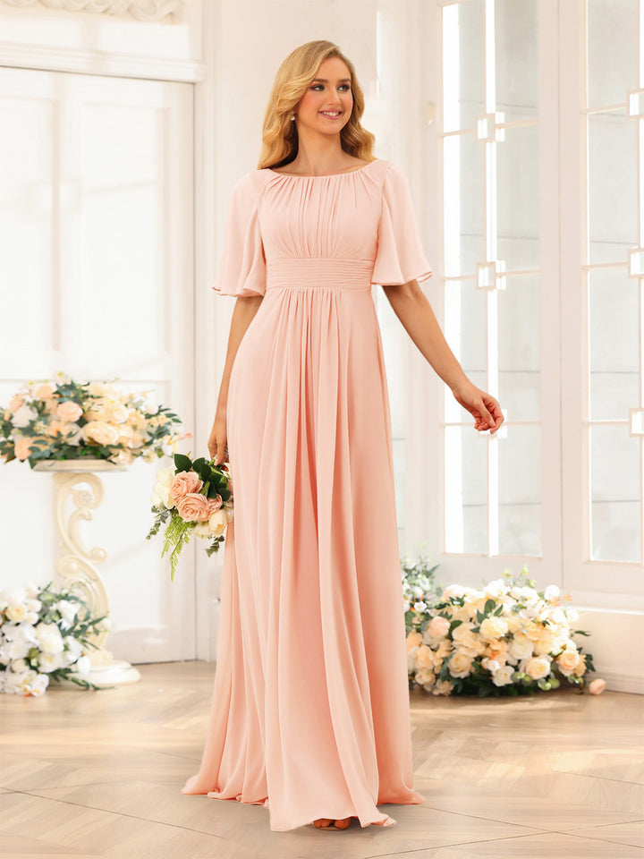 A-Line/Princess Floor-Length Short Sleeves Bridesmaid Dresses with Sash