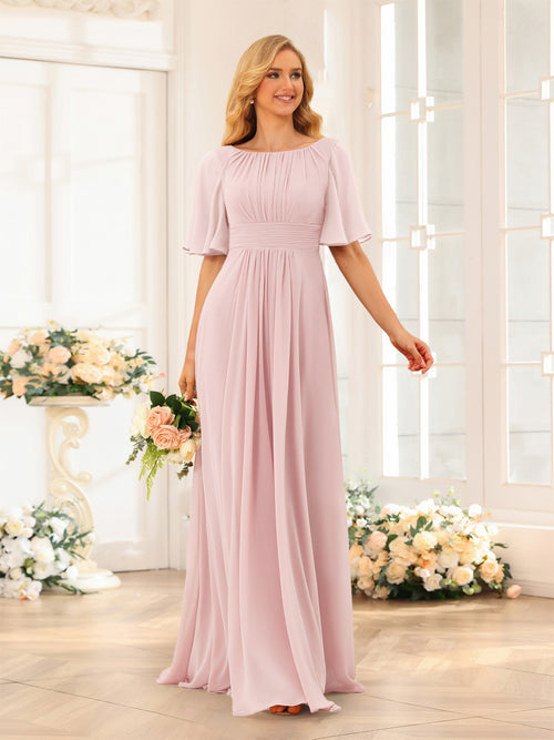 A-Line/Princess Floor-Length Short Sleeves Bridesmaid Dresses with Sash
