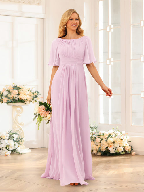 A-Line/Princess Floor-Length Short Sleeves Bridesmaid Dresses with Sash